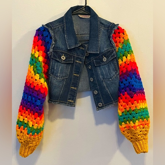 Hand Crafted Jackets & Blazers - Host Pick! Denim Cropped Jacket Crocheted Rainbow Sleeves, made by seller